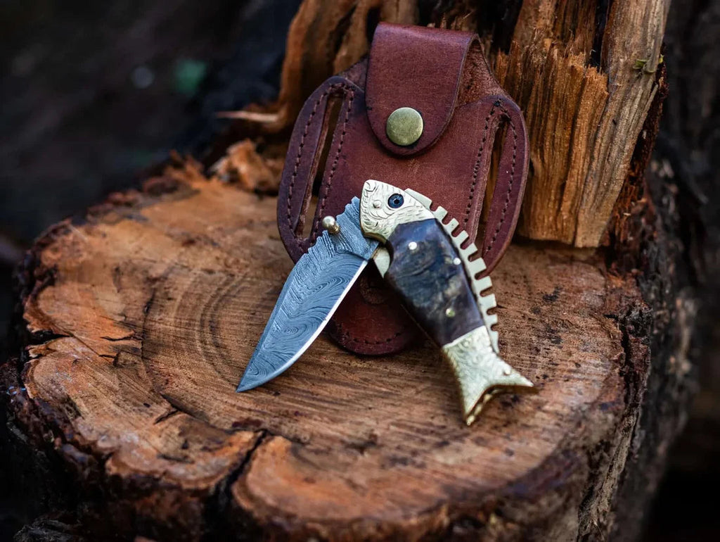 Damascus Steel Blade Fish Shape Pocket Folding knife - PhishStones Products