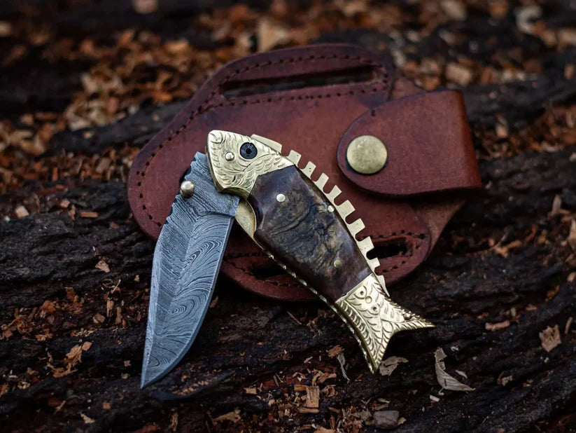 Damascus Steel Blade Fish Shape Pocket Folding knife - PhishStones Products