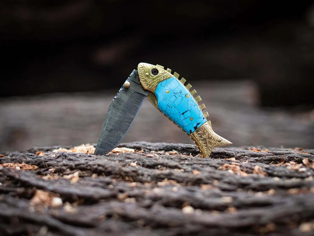 Damascus Steel Blade Fish Shape Pocket Folding knife - PhishStones Products