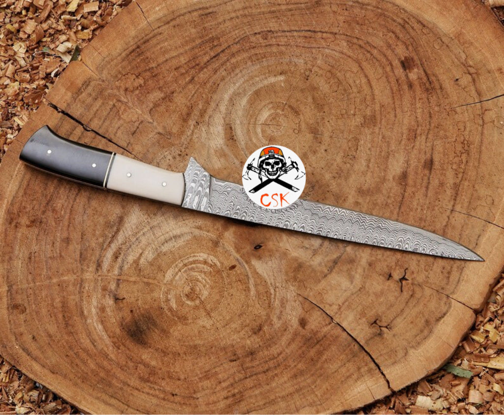 Damascus Steel Fillet Knife with Premium White & Black Handle | Razor - Sharp Precision - PhishStones Products