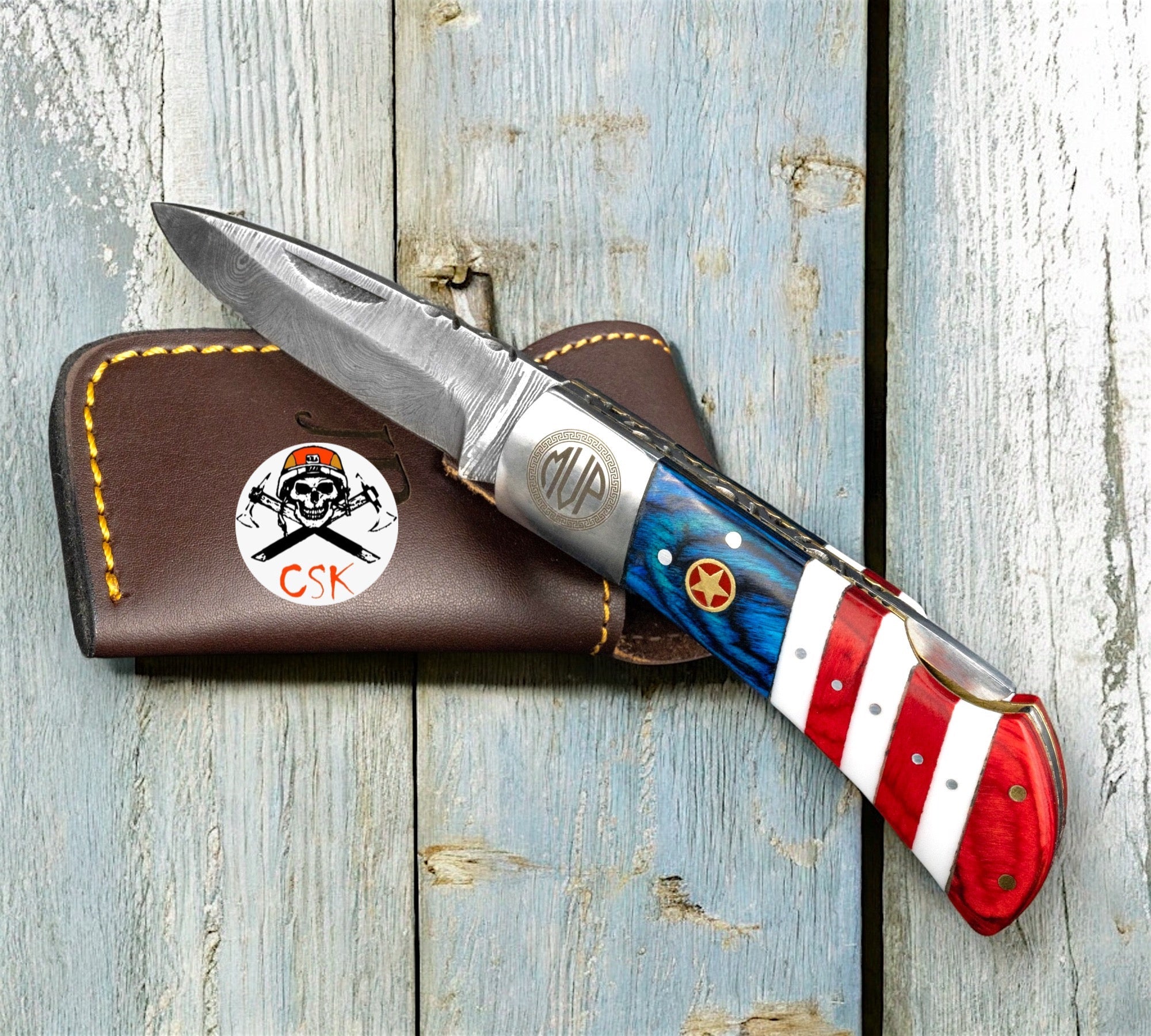 Damascus Steel Flag Handle Pocket Knife - PhishStones Products