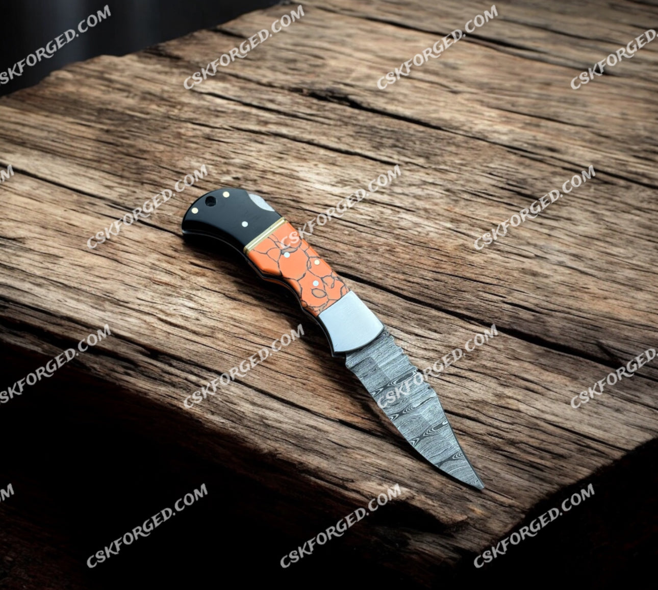 DAMASCUS STEEL FOLDING POCKET HANDMADE KNIFE STONE HANDLE+LEATHER SHEATH - PhishStones Products