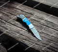 DAMASCUS STEEL FOLDING POCKET HANDMADE KNIFE STONE HANDLE+LEATHER SHEATH - PhishStones Products