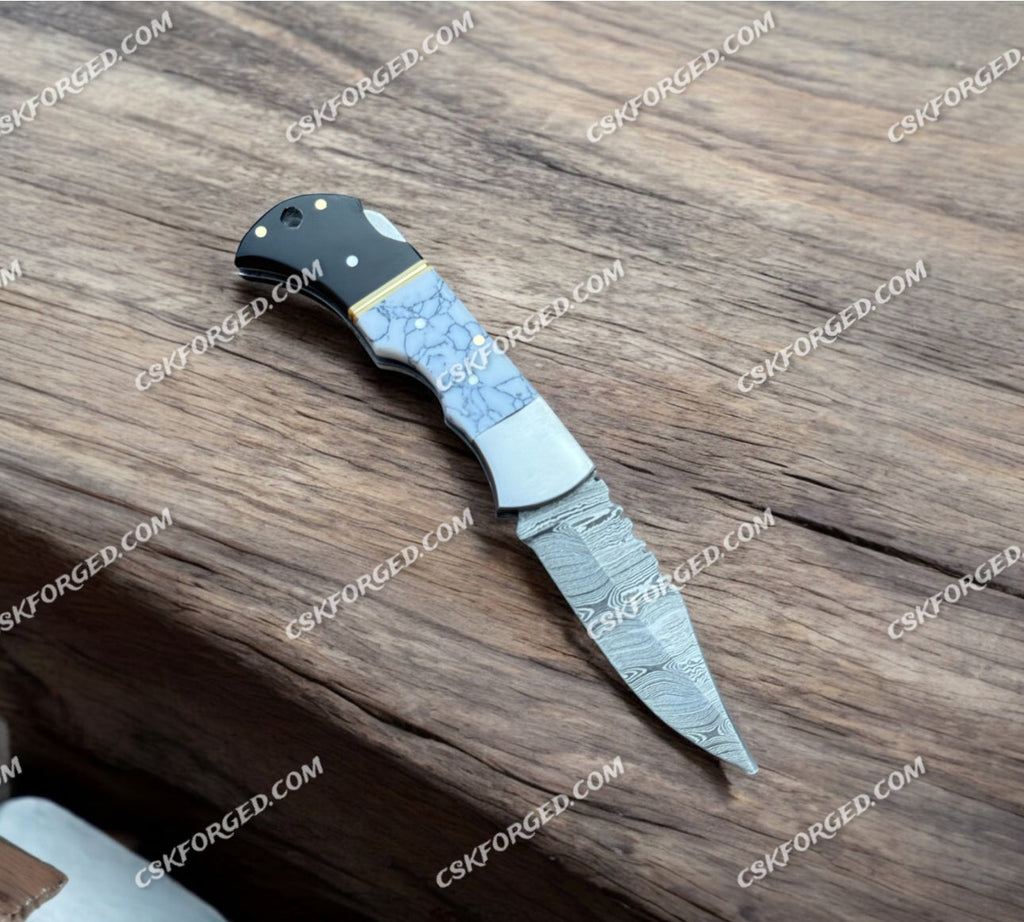 DAMASCUS STEEL FOLDING POCKET HANDMADE KNIFE STONE HANDLE+LEATHER SHEATH - PhishStones Products