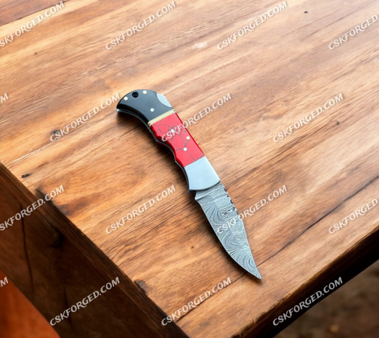 DAMASCUS STEEL FOLDING POCKET HANDMADE KNIFE STONE HANDLE+LEATHER SHEATH - PhishStones Products