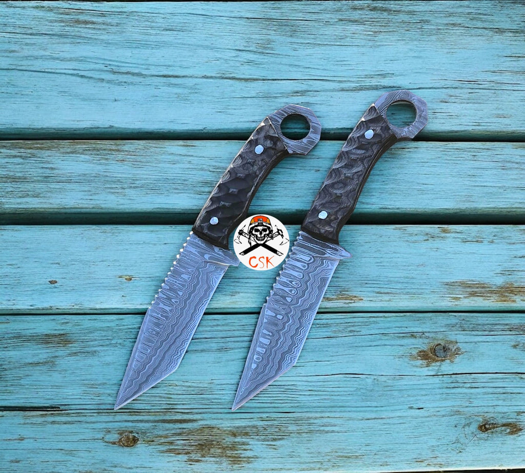 Damascus Steel Tanto Blade Hunting Knife with Ring - Tail Handle - PhishStones Products