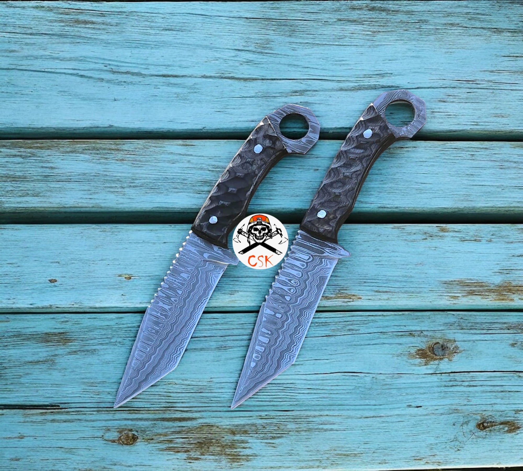 Damascus Steel Tanto Blade Hunting Knife with Ring - Tail Handle - PhishStones Products