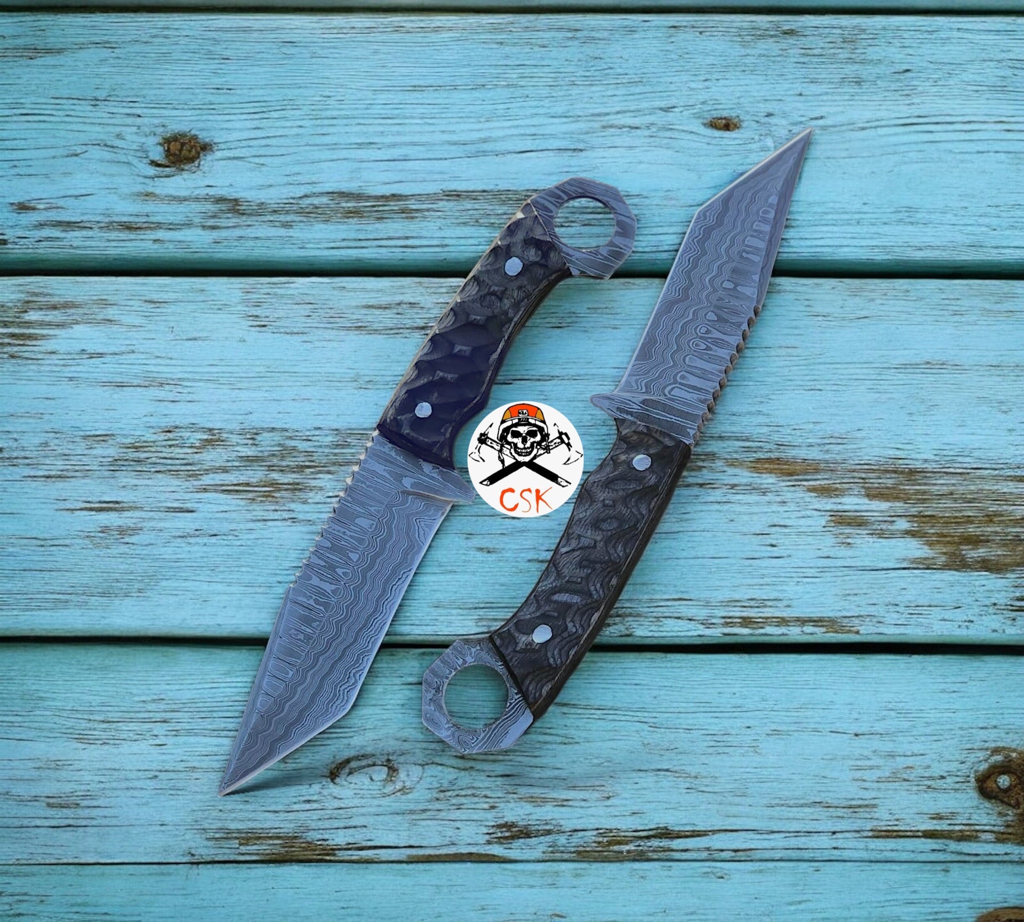 Damascus Steel Tanto Blade Hunting Knife with Ring - Tail Handle - PhishStones Products