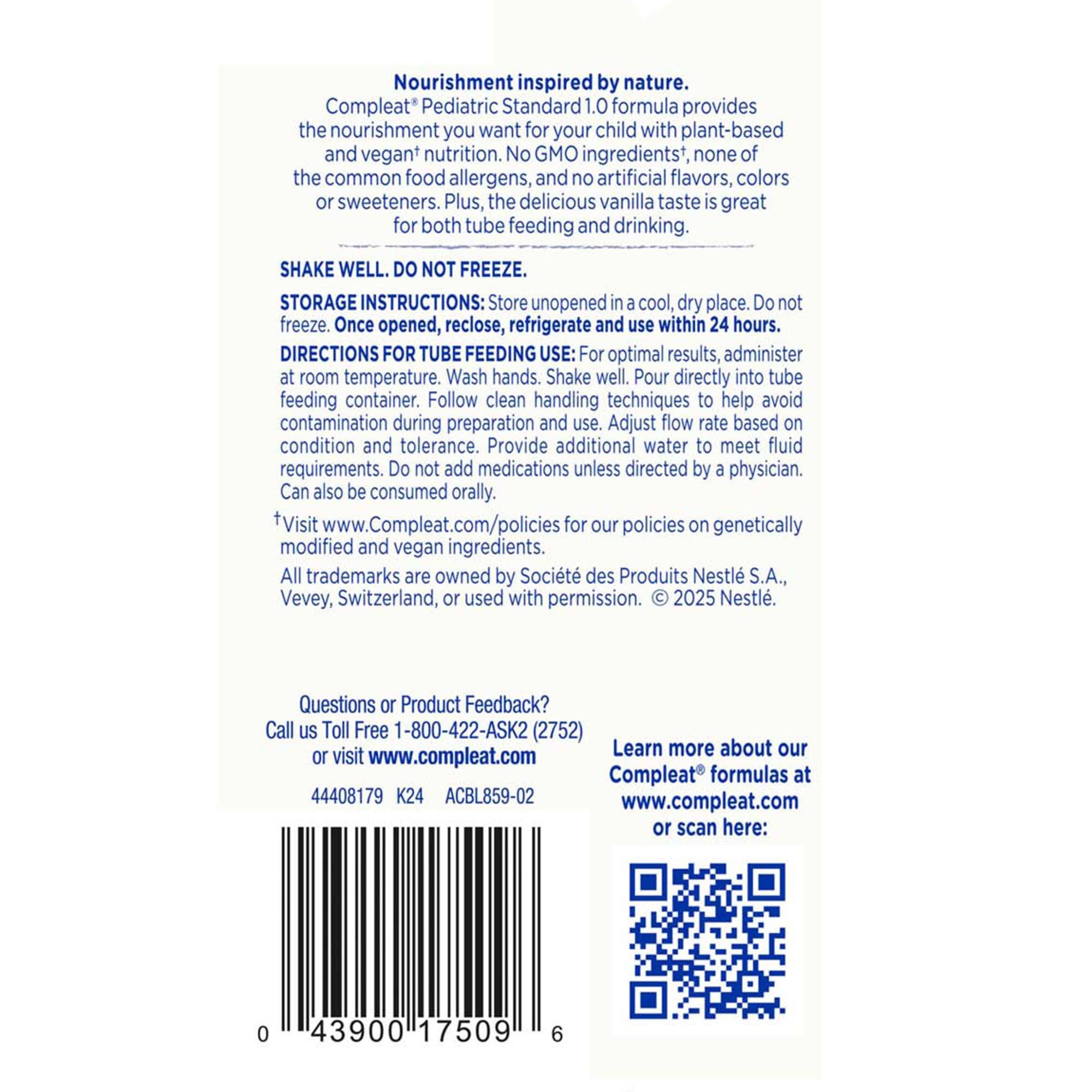 Compleat® Pediatric Standard Plant-Based 1.0 Cal Tube Feed Formula, Vanilla 00043900560410