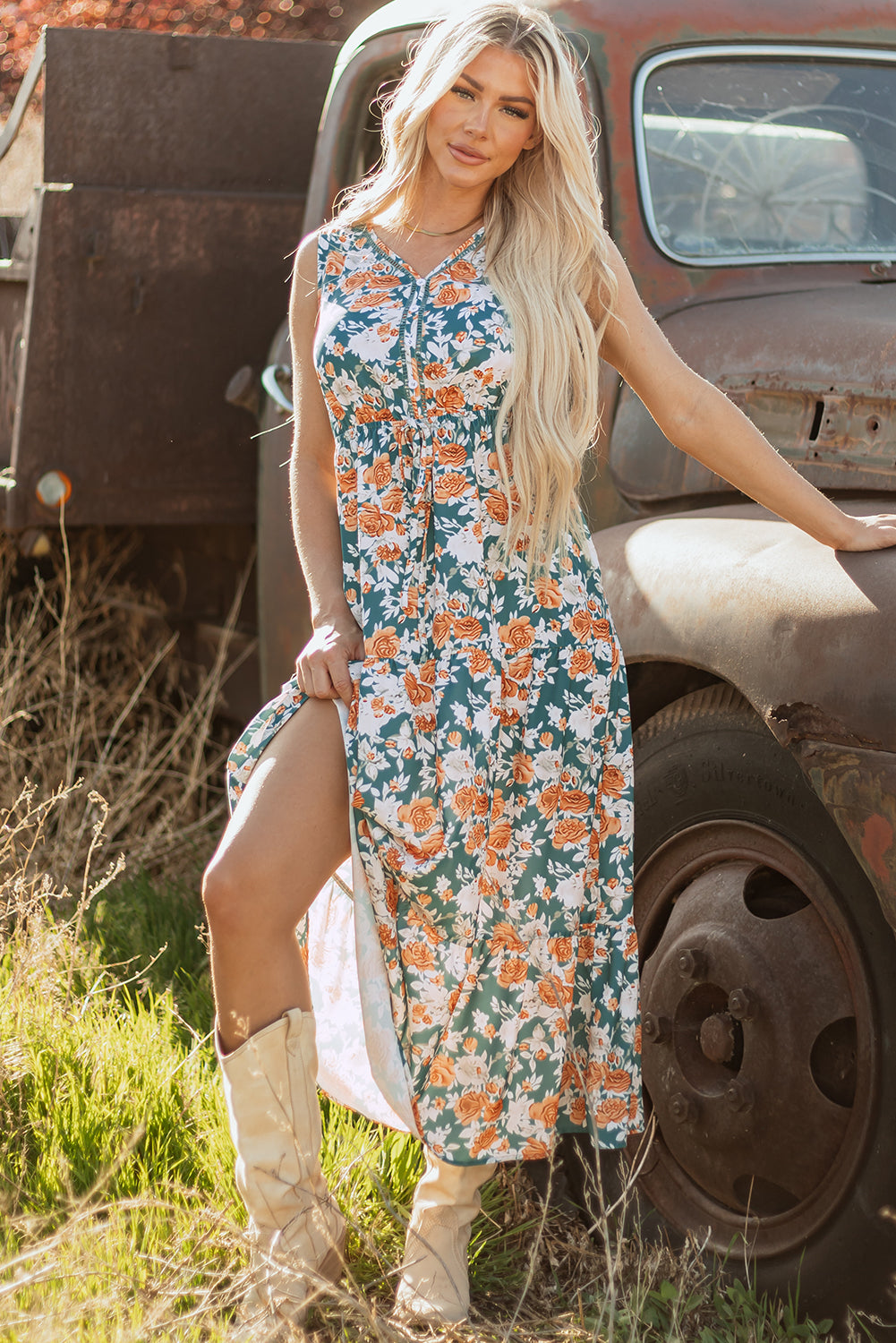Green Floral Print Trimmed V Neck Tie Waist Sleeveless Holiday Long Dress