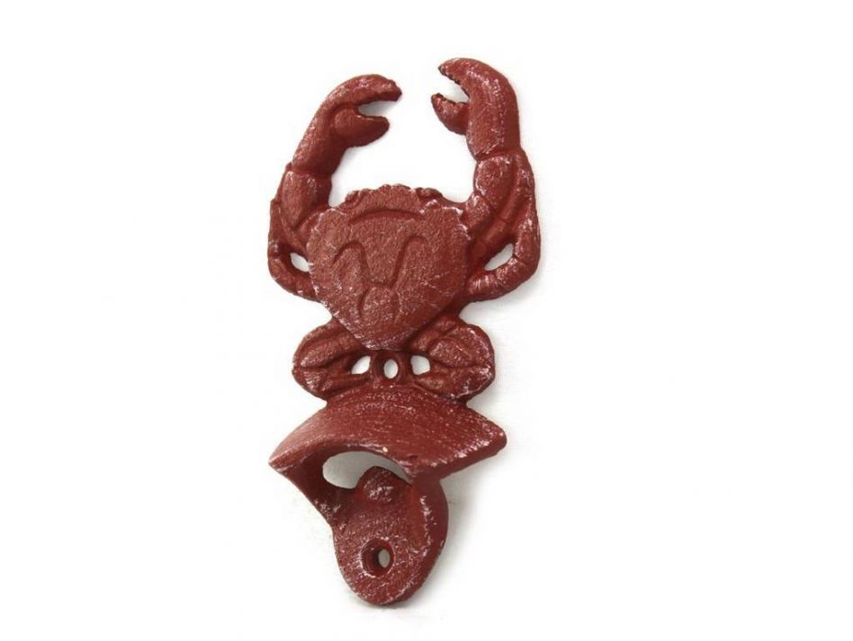 Red Whitewashed Cast Iron Wall Mounted Crab Bottle Opener 6""