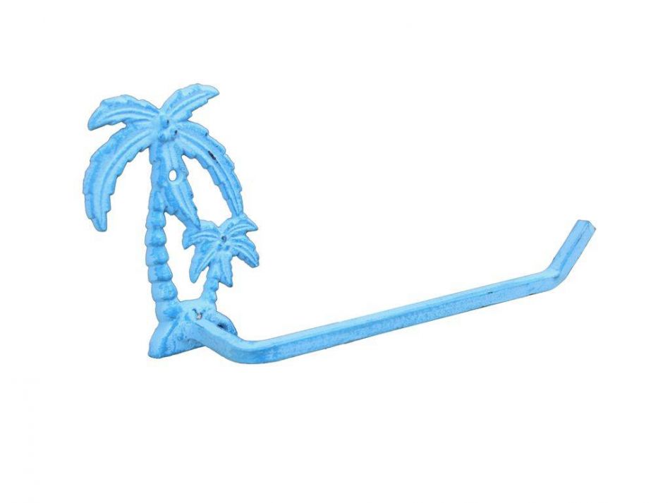 Light Blue Whitewashed Cast Iron Palm Tree Toilet Paper Holder 10""