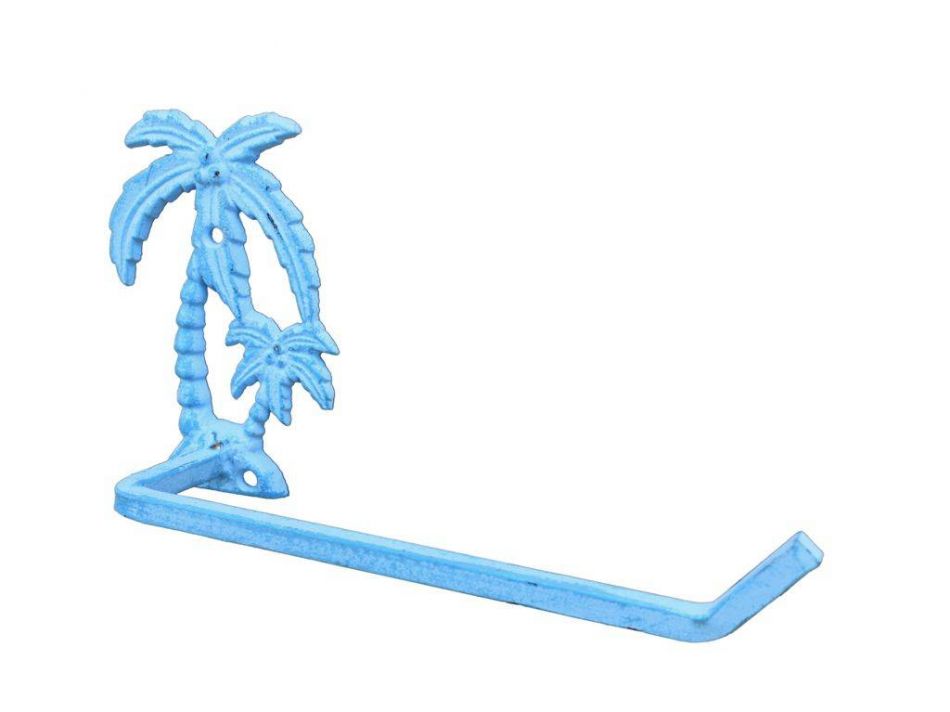 Light Blue Whitewashed Cast Iron Palm Tree Toilet Paper Holder 10""