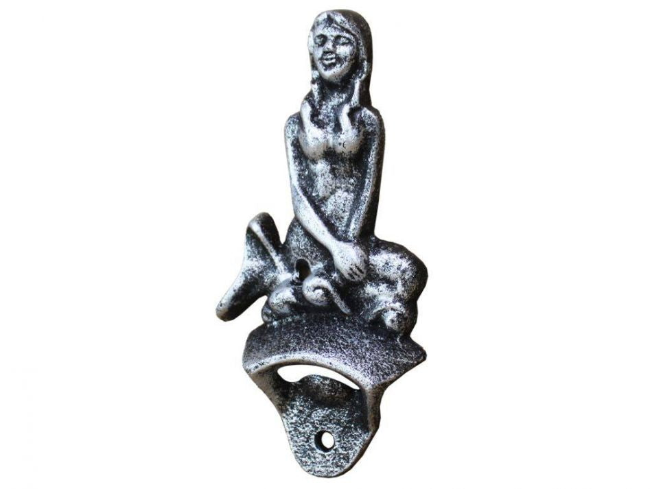 Antique Silver Cast Iron Wall Mounted Mermaid Bottle Opener 6""
