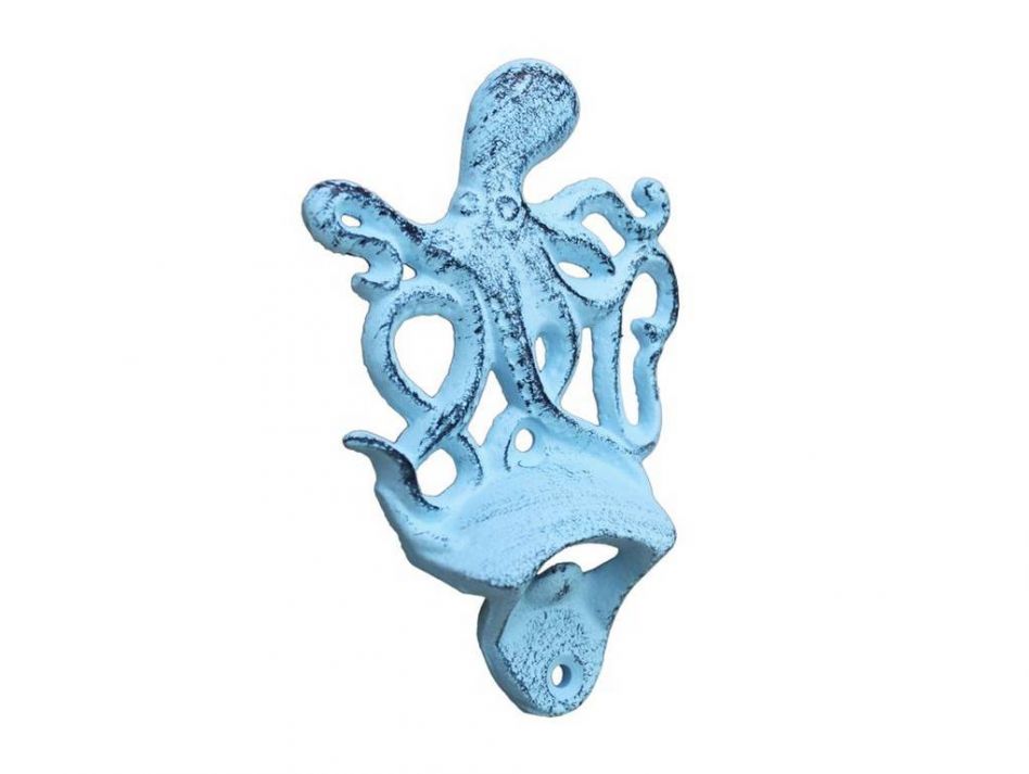 Dark Blue Whitewashed Cast Iron Wall Mounted Octopus Bottle Opener 6""