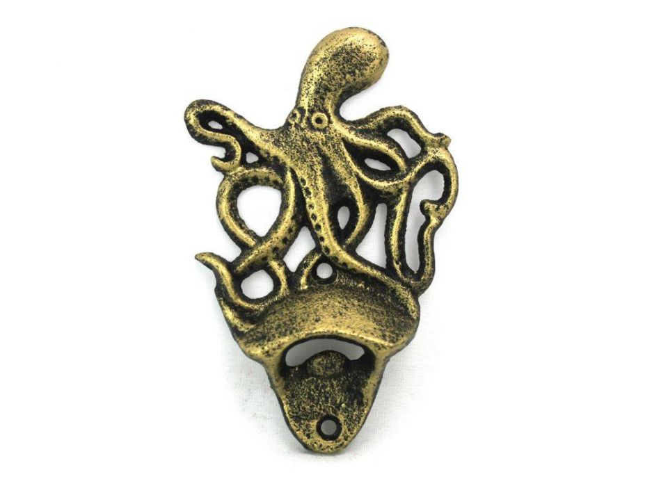 Antique Gold Cast Iron Wall Mounted Octopus Bottle Opener 6""