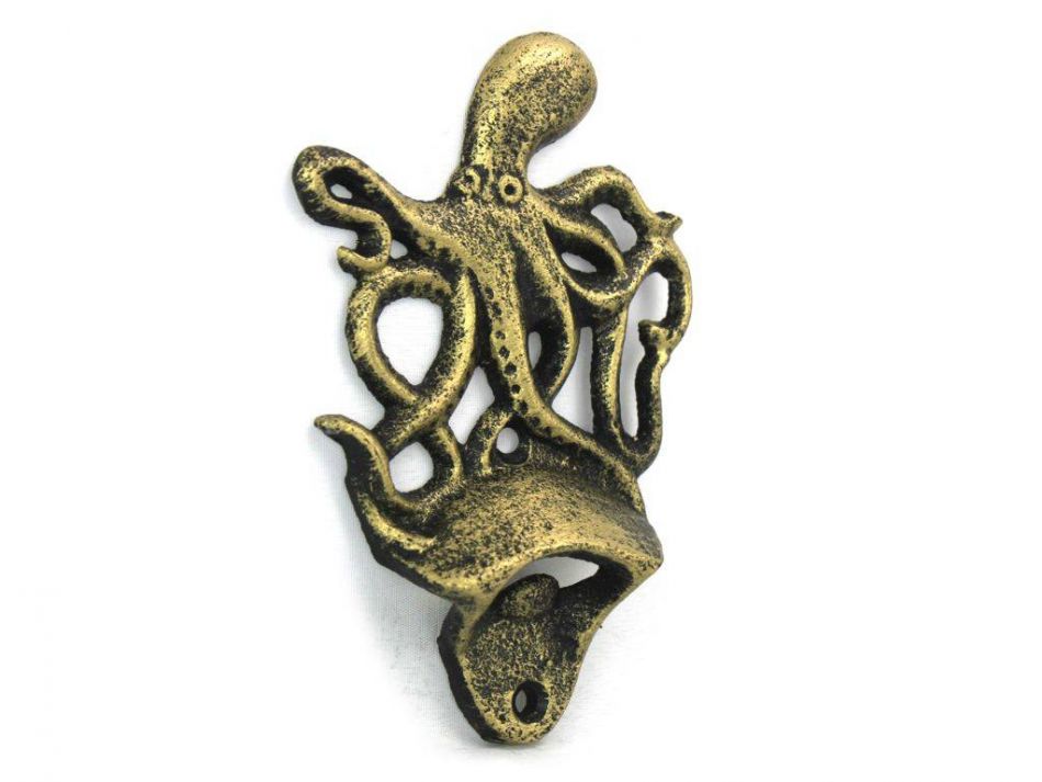 Antique Gold Cast Iron Wall Mounted Octopus Bottle Opener 6""