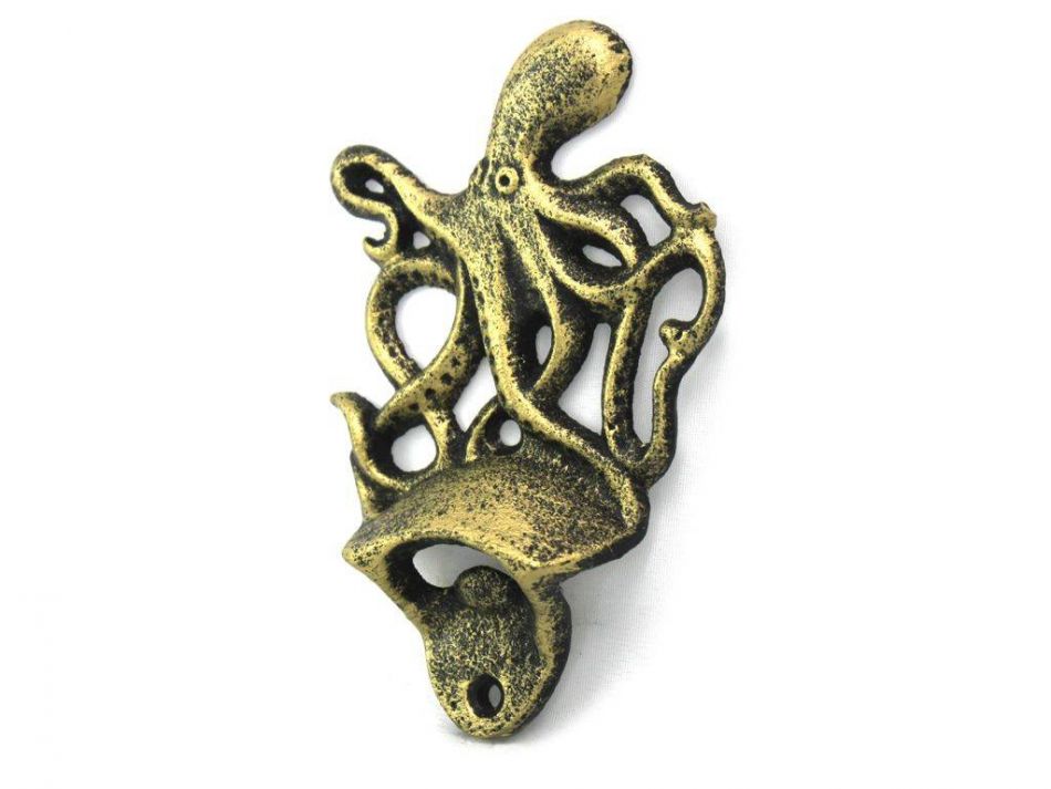 Antique Gold Cast Iron Wall Mounted Octopus Bottle Opener 6""