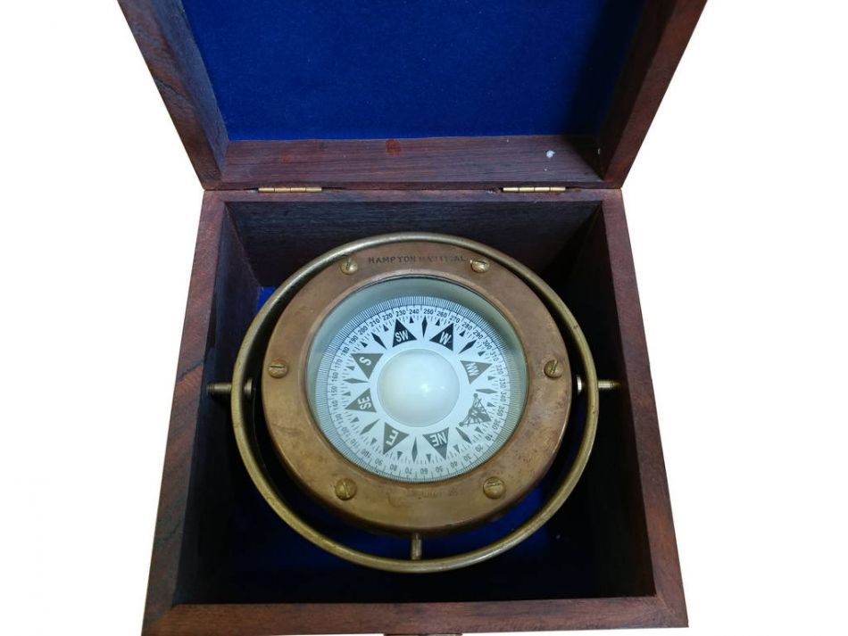 Antique Brass Gimbal Compass w/ Rosewood Box 5""