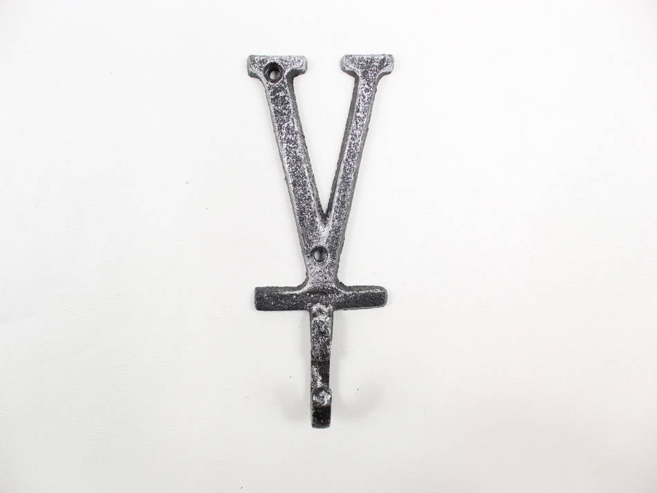 Rustic Silver Cast Iron Letter V Alphabet Wall Hook 6""