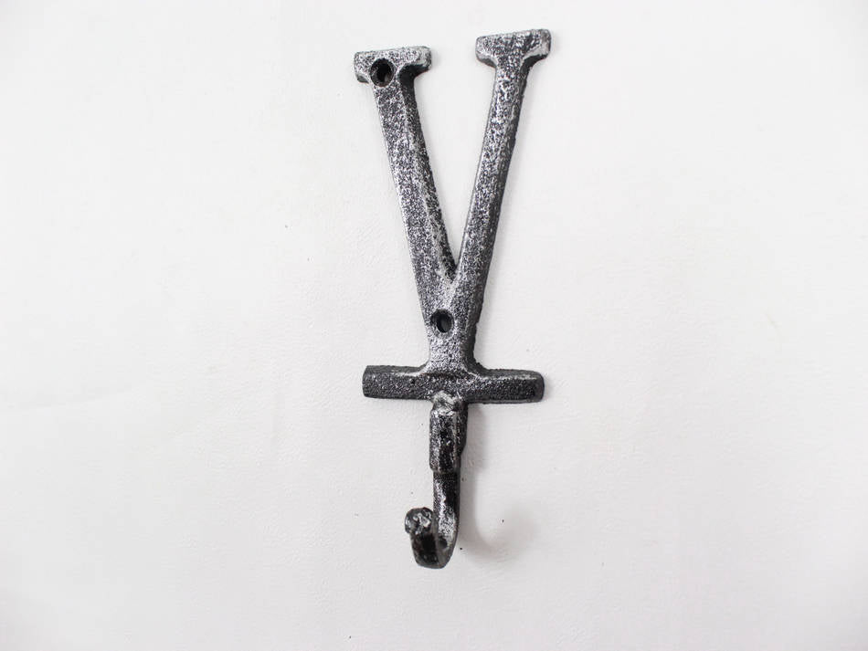 Rustic Silver Cast Iron Letter V Alphabet Wall Hook 6""