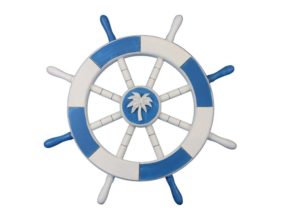 Light Blue and White Decorative Ship Wheel with Palm Tree 18""