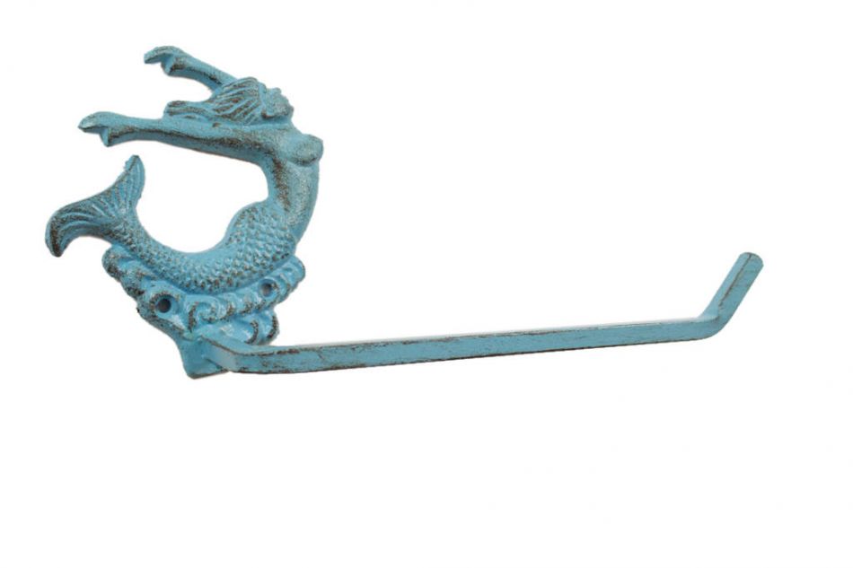 Rustic Light Blue Cast Iron Decorative Arching Mermaid Toilet Paper Holder 11""
