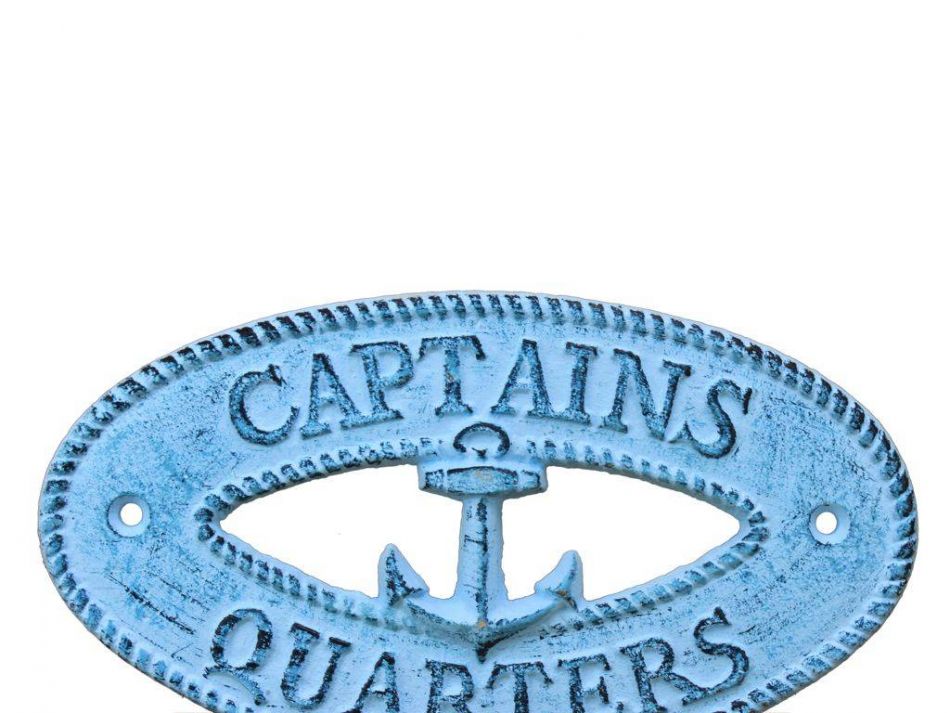Dark Blue Whitewashed Cast Iron Captains Quarters with Anchor Sign 8""