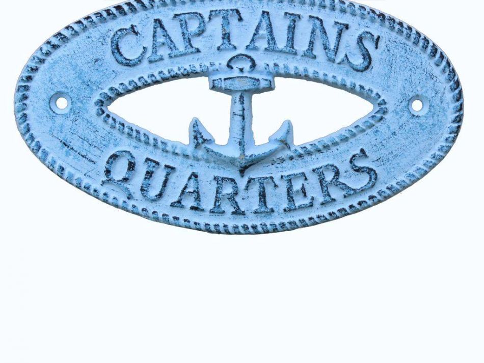 Dark Blue Whitewashed Cast Iron Captains Quarters with Anchor Sign 8""