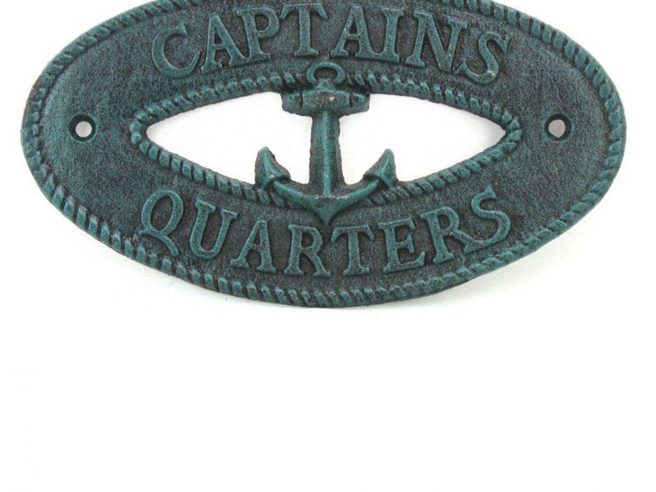 Seaworn Blue Cast Iron Captains Quarters with Anchor Sign 8""