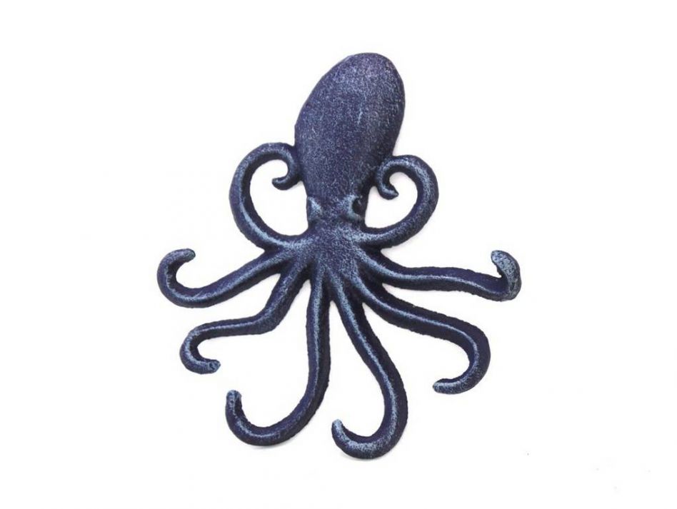 Rustic Dark Blue Cast Iron Wall Mounted Decorative Octopus Hooks 7""