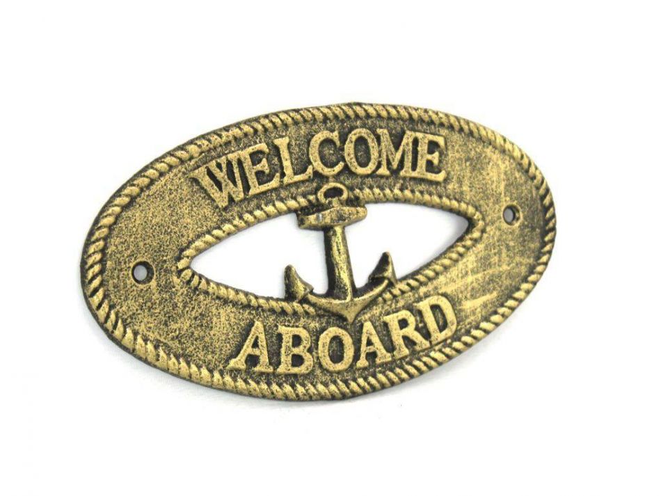 Antique Gold Cast Iron Welcome Aboard with Anchor Sign 8""