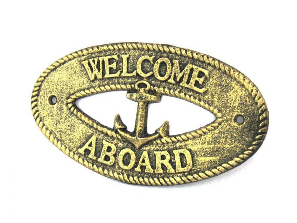 Antique Gold Cast Iron Welcome Aboard with Anchor Sign 8""