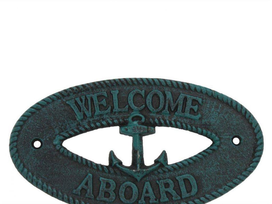 Seaworn Blue Cast Iron Welcome Aboard with Anchor Sign 8""