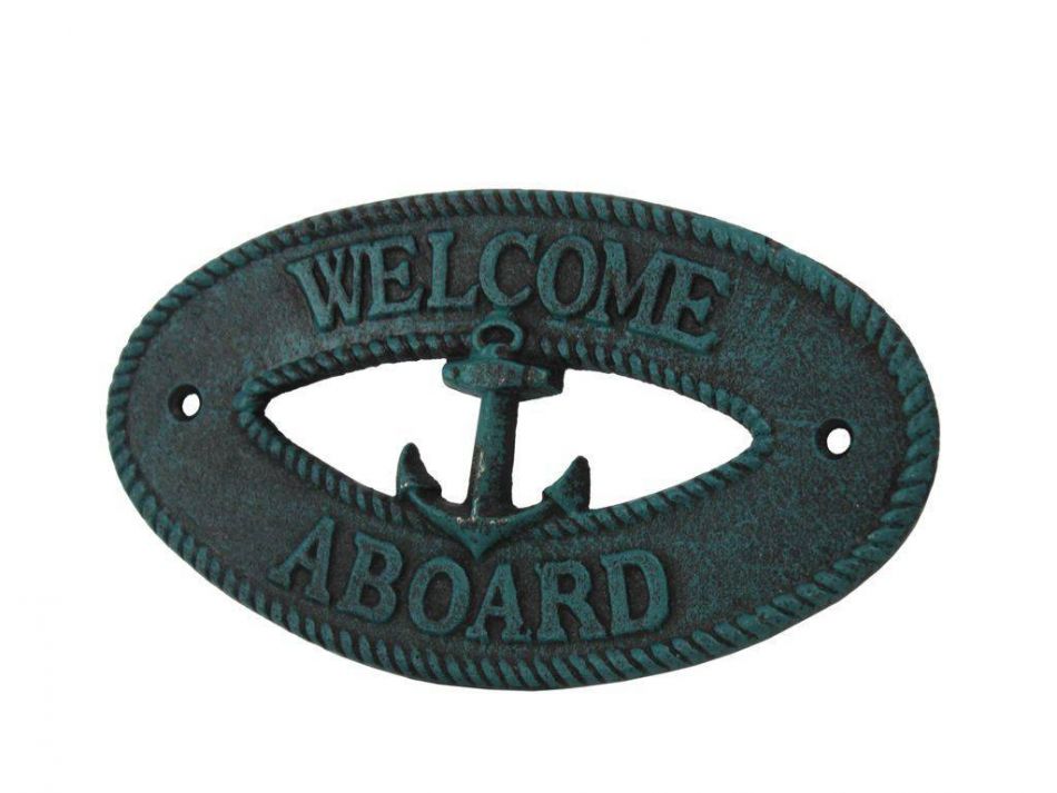 Seaworn Blue Cast Iron Welcome Aboard with Anchor Sign 8""
