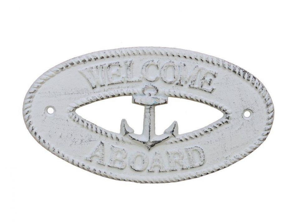 Whitewashed Cast Iron Welcome Aboard with Anchor Sign 8""