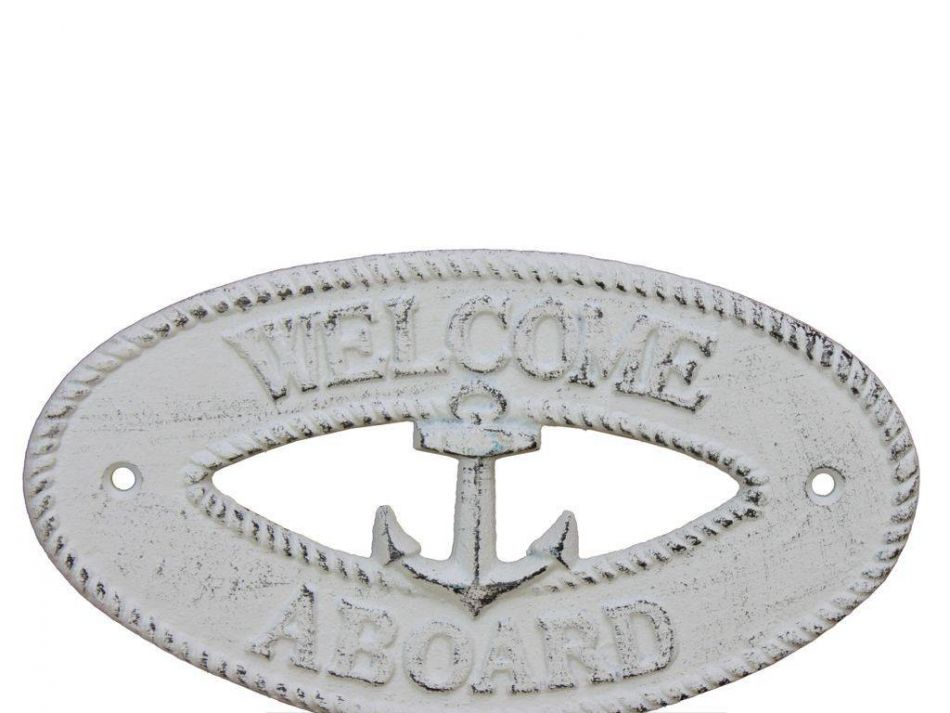 Whitewashed Cast Iron Welcome Aboard with Anchor Sign 8""