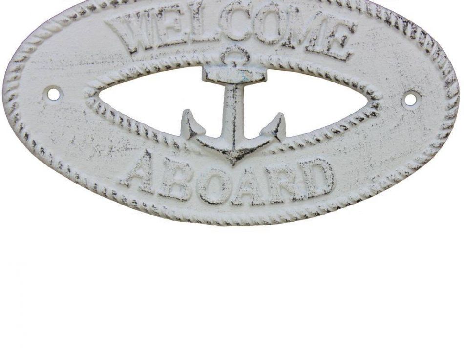 Whitewashed Cast Iron Welcome Aboard with Anchor Sign 8""