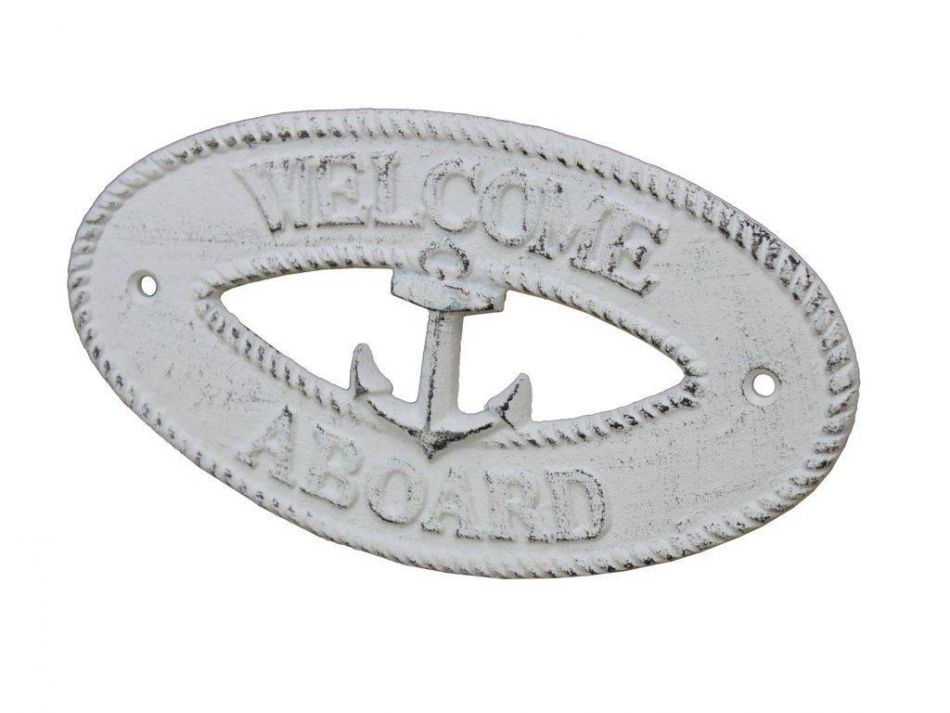 Whitewashed Cast Iron Welcome Aboard with Anchor Sign 8""