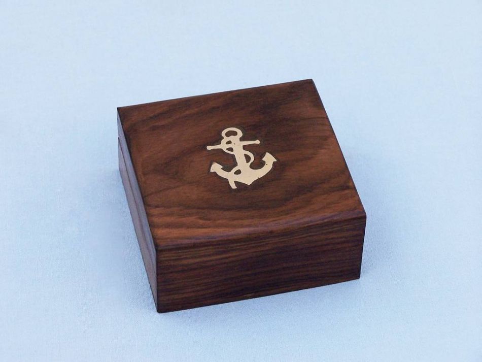Antique Copper Beveled Lensatic Compass w/ Rosewood Box 4""