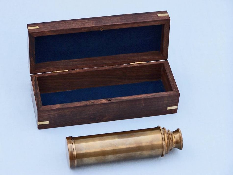Deluxe Class Antique Brass Captains Spyglass Telescope 15"" with Rosewood Box