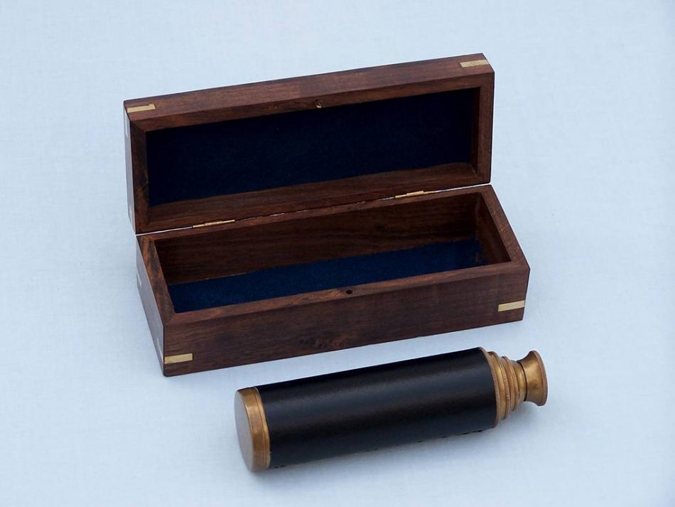 Deluxe Class Antique Brass Captains Spyglass Telescope with Leather 15"" and Rosewood Box