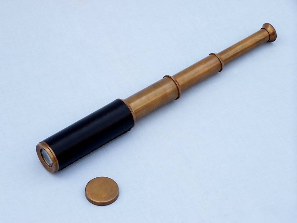 Deluxe Class Antique Brass Captains Spyglass Telescope with Leather 15"" and Rosewood Box