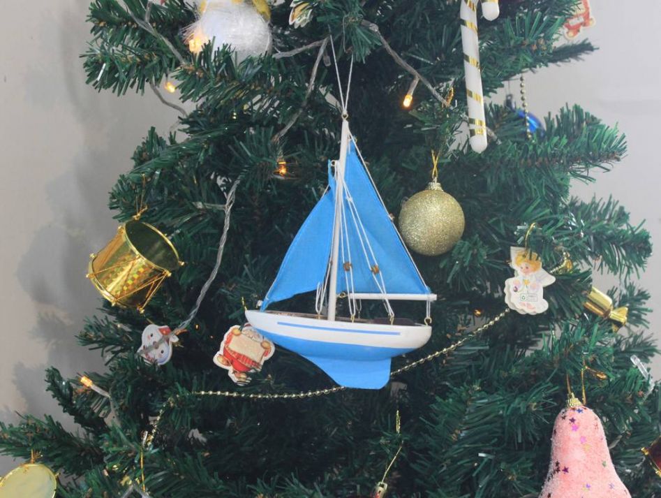 Wooden Light Blue Sailboat with Light Blue Sails Christmas Tree Ornament 9""