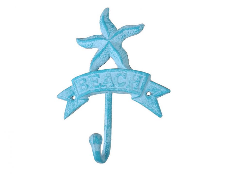 Rustic Light Blue Whitewashed Cast Iron Starfish Beach Hook 8""