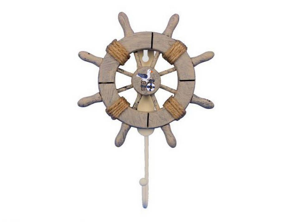 Rustic Decorative Ship Wheel With Seagull and Hook 8""