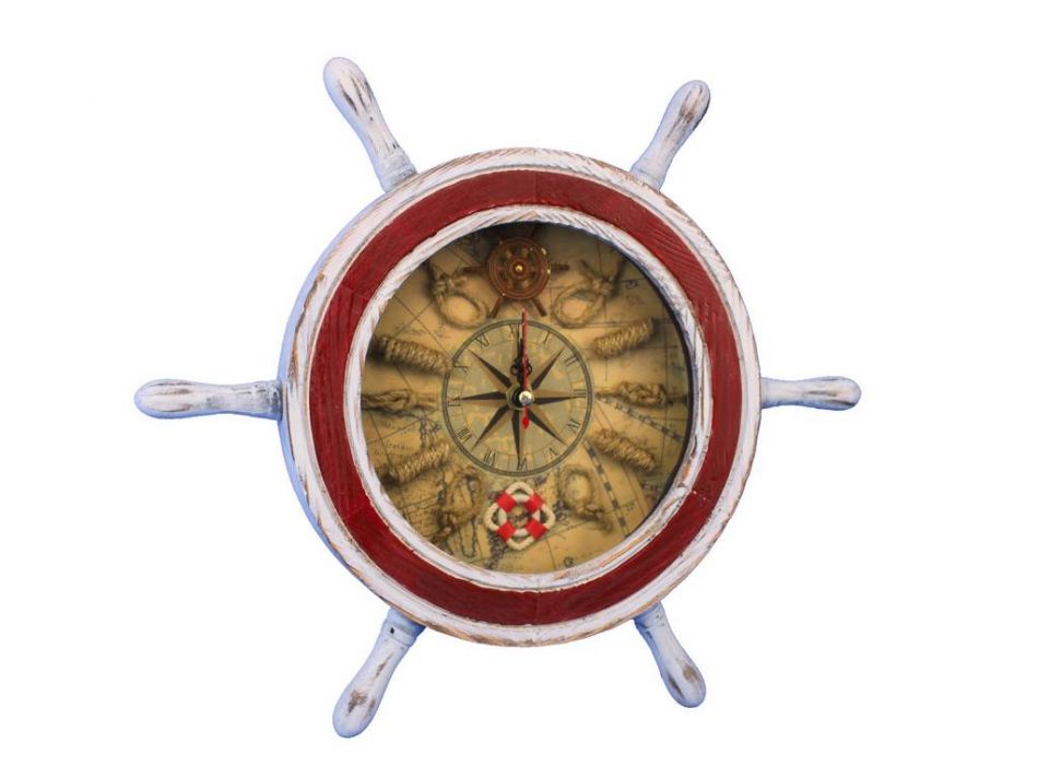Wooden Rustic White and Red Ship Wheel Knot Faced Clock 12""