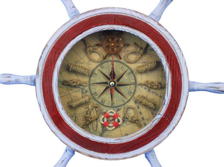 Wooden Rustic White and Red Ship Wheel Knot Faced Clock 12""