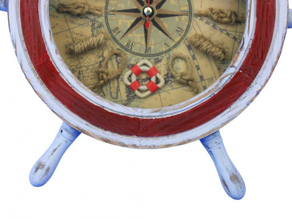 Wooden Rustic White and Red Ship Wheel Knot Faced Clock 12""