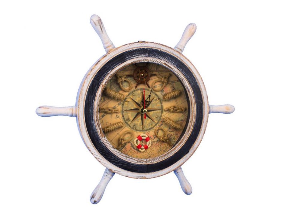 Wooden Rustic White Ship Wheel with Dark Blue Knot Faced Clock 12""